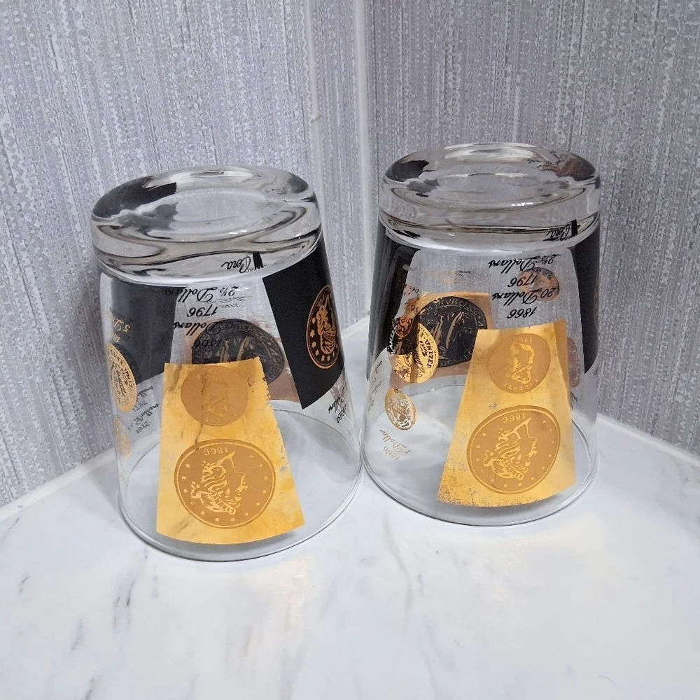 Vintage Cera US Coins Double Old Fashioned Glasses 22k Historical Barware Pair